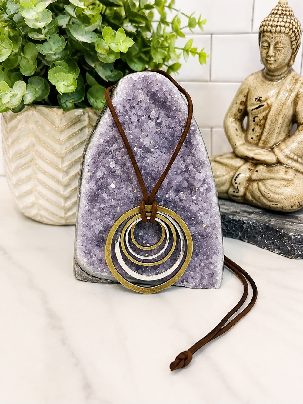 Boho Mixed Metal Circle Pendant Brown Cord Necklace 🤎✨